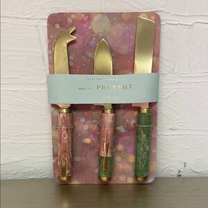 Anthropologie, Gold and Marble Cheese Knife Set, Pink and Green, Set of 3, NEW